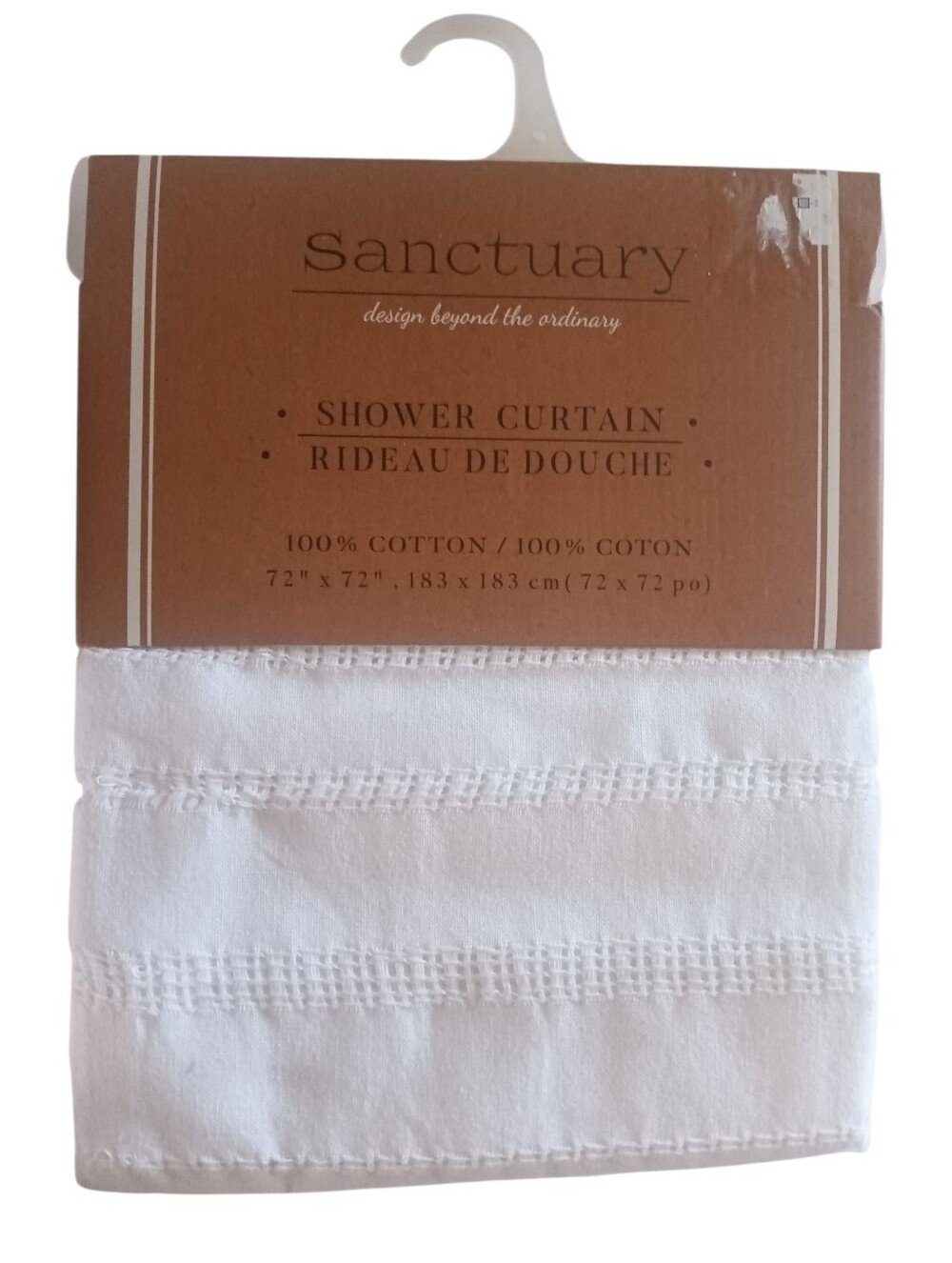 Sanctuary Shower Curtain 100% Cotton White W/Stripes 72 X 72 NWT